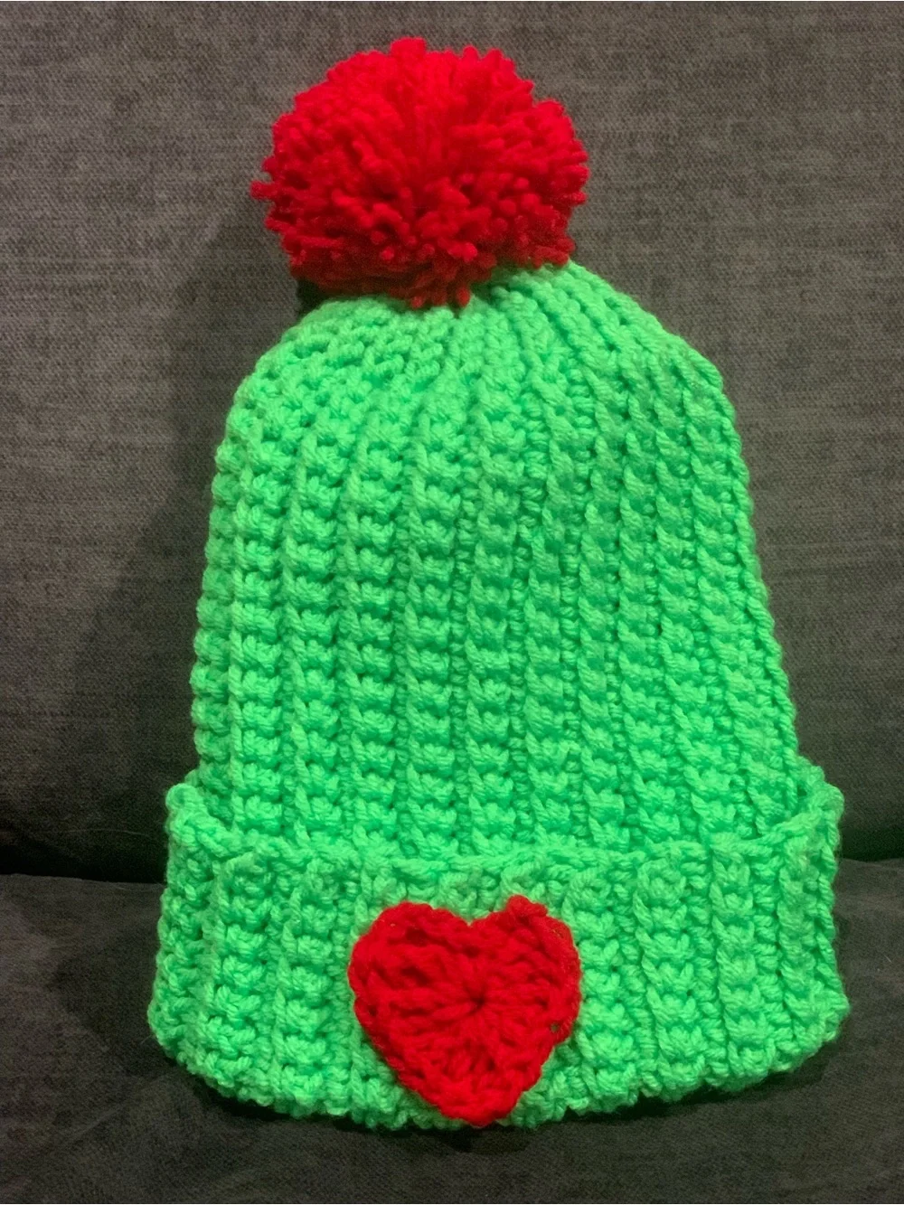 Kids Neon Green Knit Beanie with Red Heart and Pom-Pom